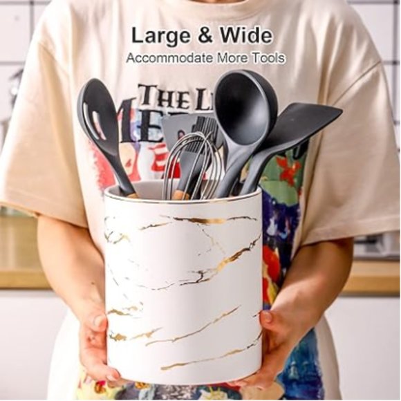 Large Ceramic Kitchen Utensil Holder / Vase  (White/Gold Marble Pattern) - Picture 5 of 6